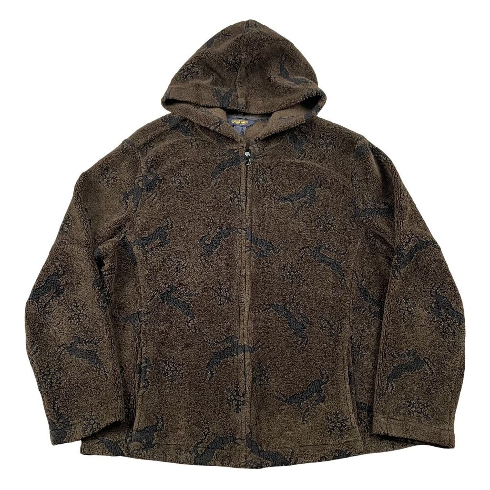 Woolrich Full Zip Hoodie Womens Large Petite Brown Fleece Deer Print